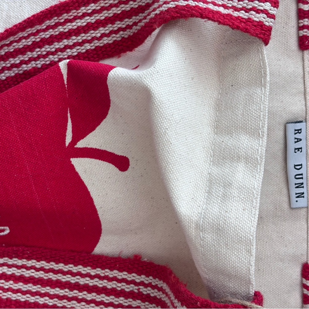 Rae Dunn Cream Canvas Tote with Red Apple Graphic and Red Striped Handles - Picture 2 of 5